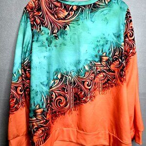 Top Womens Size XL Blue Green Orange Long Sleeve Pullover Relaxed
